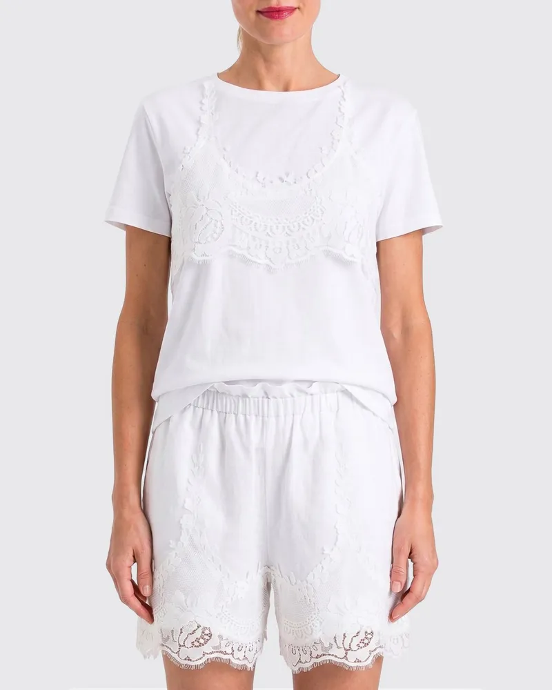 Twin-Set Baumwoll-T-Shirts mit Spitzenmieder Weiß