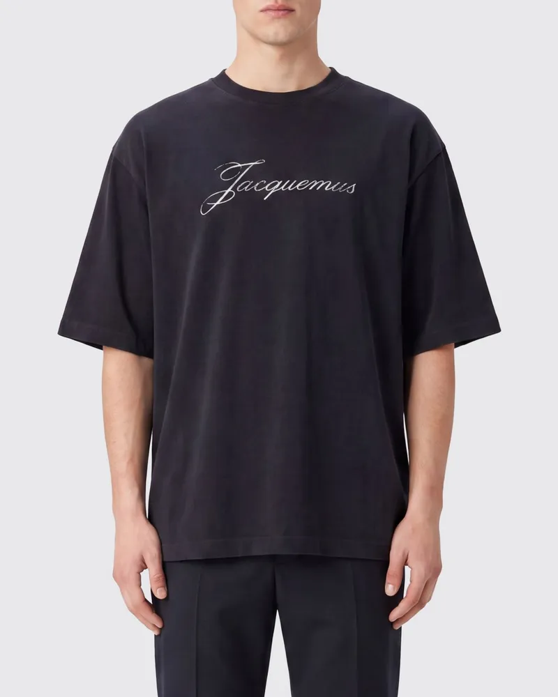 Jacquemus T-Shirt aus Baumwollmischung mit Rundhalsausschnitt und gedrucktem Kontrastlogo Schwarz