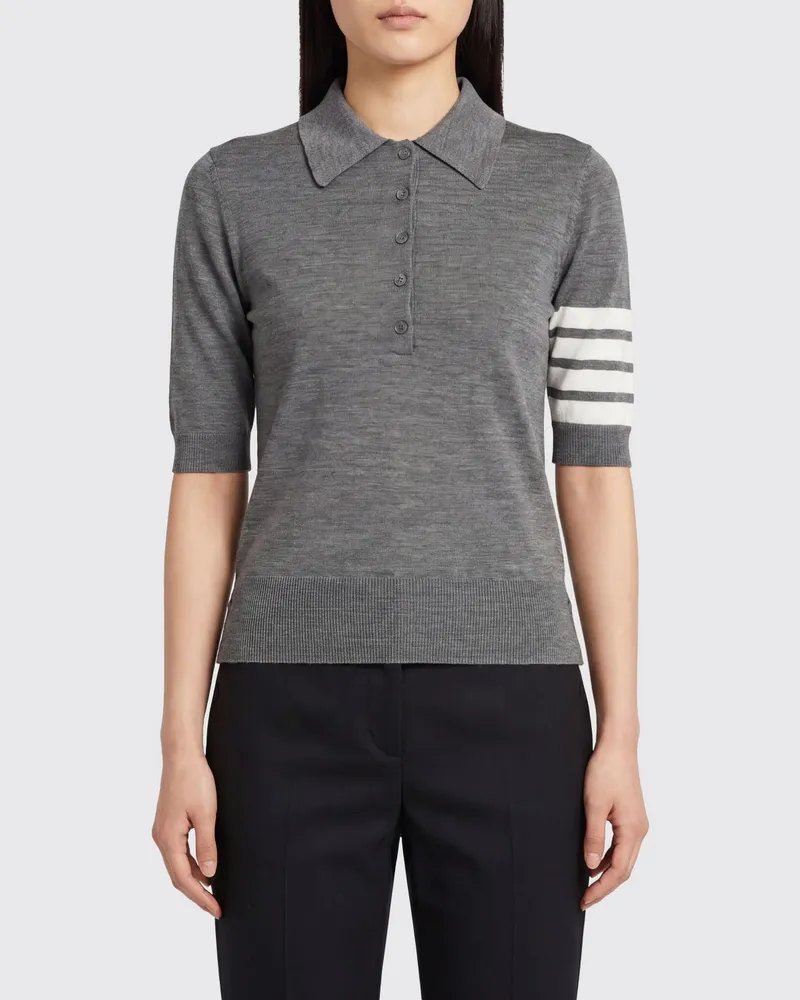 Thom Browne Schmal geschnittenes Strick-Poloshirt aus Schurwolle mit 4-Streifen-Motiv Grau