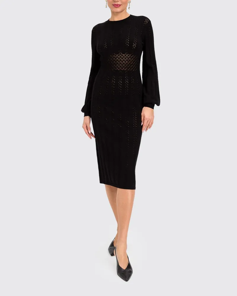 Twin-Set Slim-Fit Midi-Strick-Etuikleid mit durchbrochenen Details Schwarz