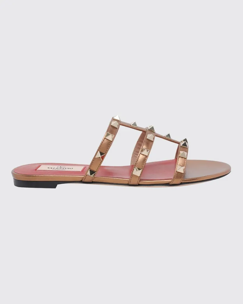 Valentino Garavani Flache Rockstud Sandalen aus laminiertem Leder mit Nieten Gold