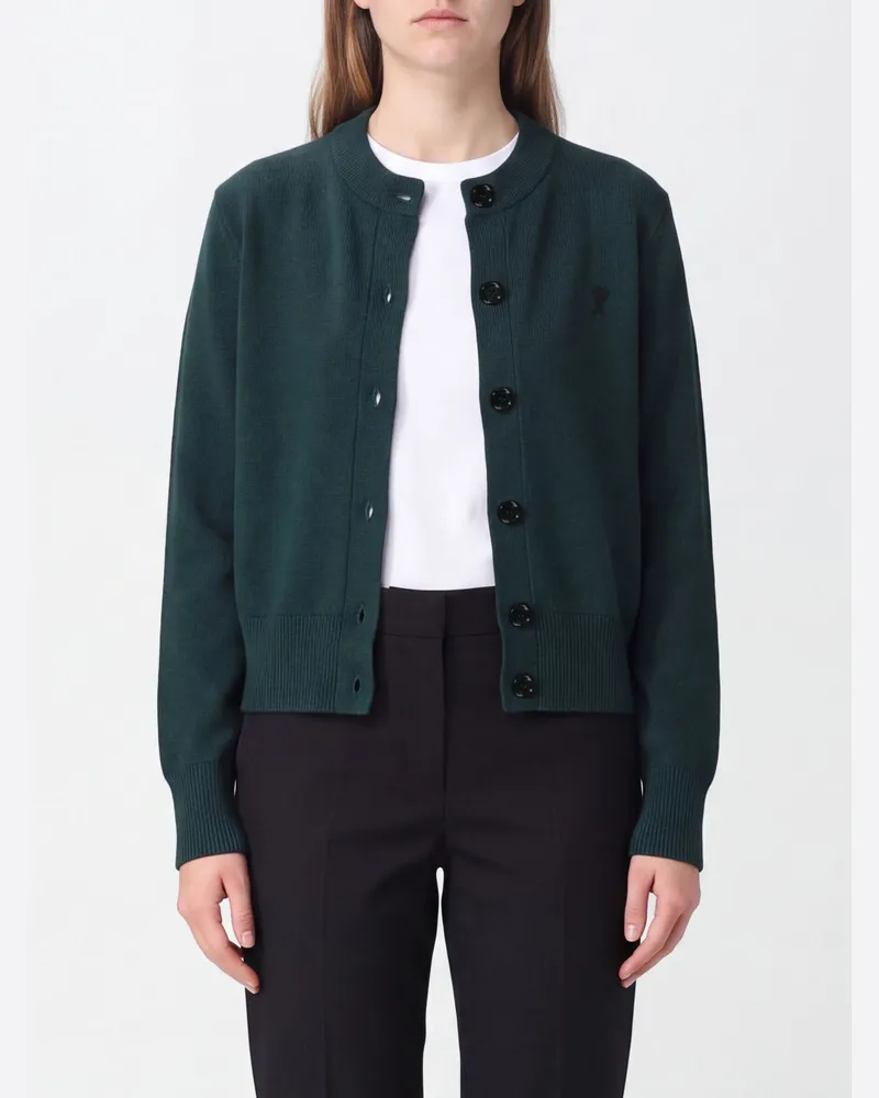 AMI Paris Rundhals-Cardigan aus reiner Merinowolle mit gesticktem Logo Grün