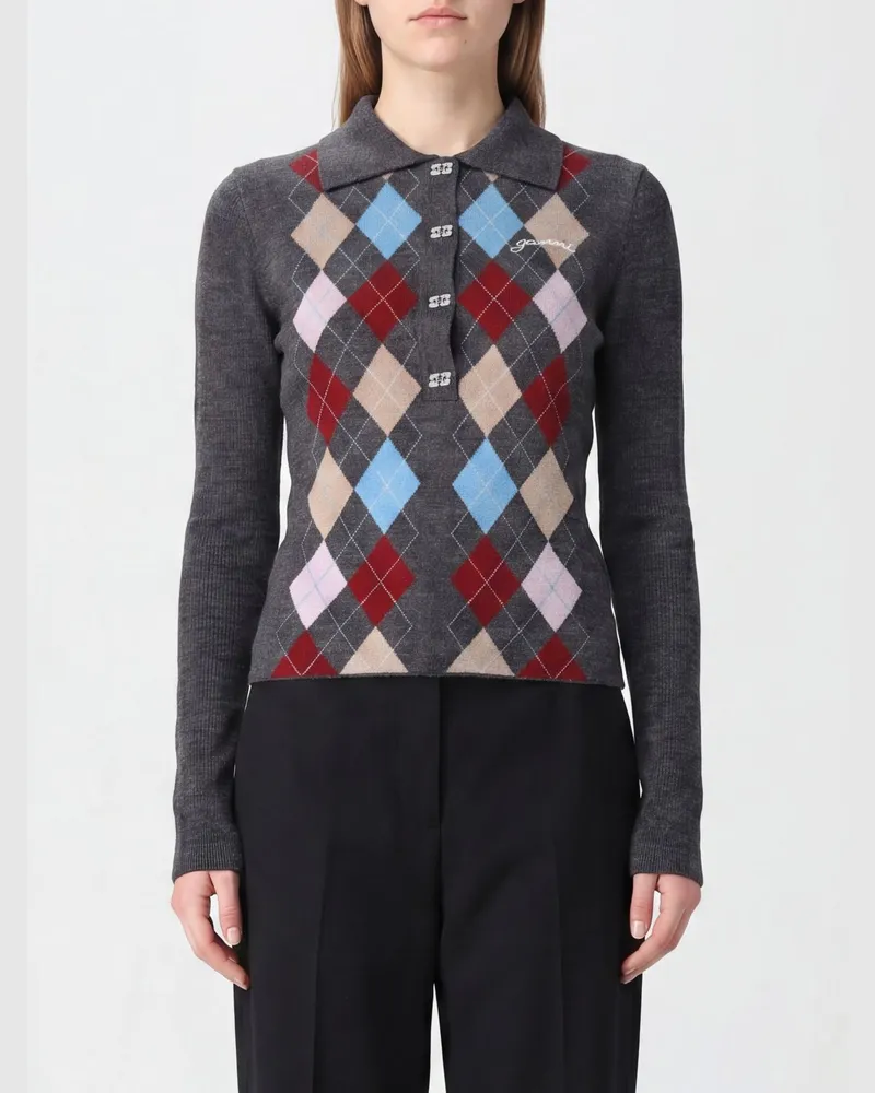 Ganni Slim-Fit-Polo aus Wollstrick mit Argyle-Muster und langen Ärmeln Grau