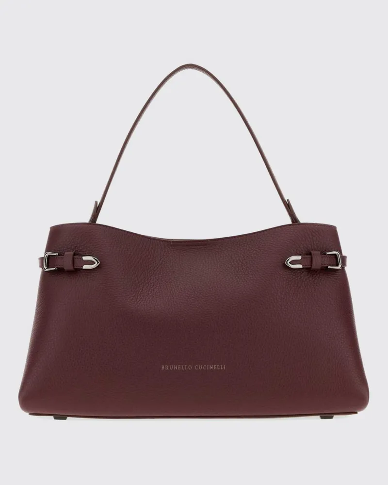 Brunello Cucinelli Schultertasche aus Leder mit flachem Henkel und Magnetverschluss Weinrot