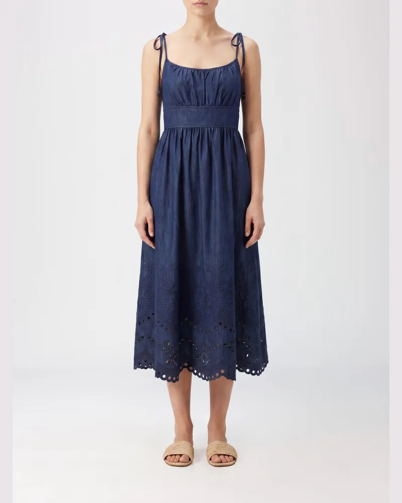 Zimmermann A-Linien-Midi-Kleid aus besticktem Baumwolldenim mit schulterfreiem Design Blau