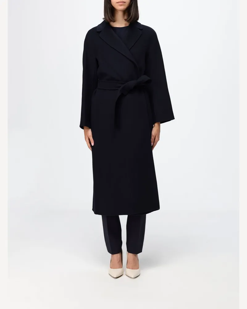 Max Mara Langer Robenmantel aus reiner Schurwolle mit passendem Gürtel Blau