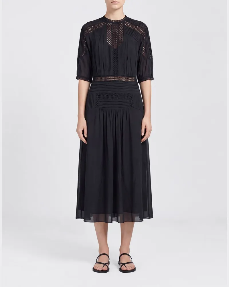 Étoile Isabel Marant Ausgestelltes Midikleid aus Leinenmischung mit Spitzeneinsätzen Schwarz