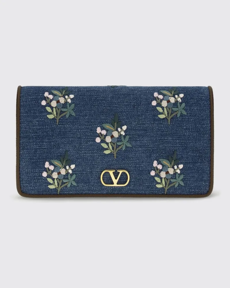 Valentino Garavani VLogo Signature Denim-Tasche mit Blumenstickerei und Leder Denim