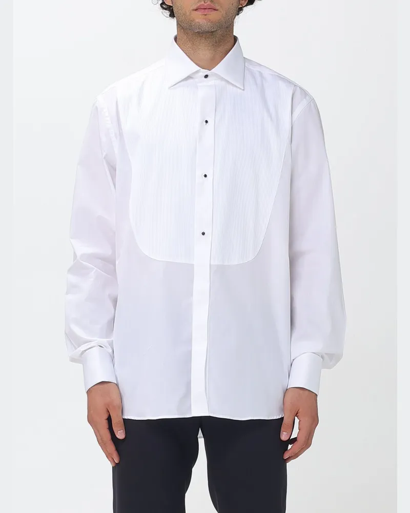 Canali Smokinghemd aus Baumwollpopeline mit Plastron und französischem Kragen Weiß