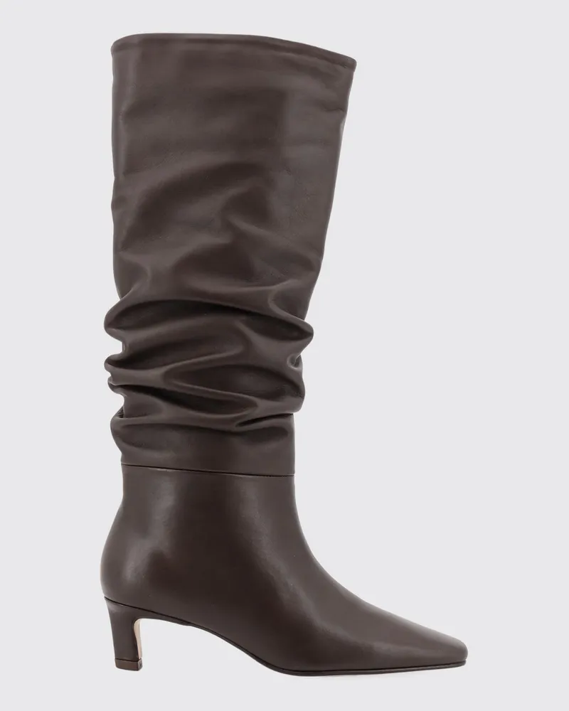 Alohas Drapierte kniehohe Stiefel aus Glattleder mit ausgestelltem Absatz Braun