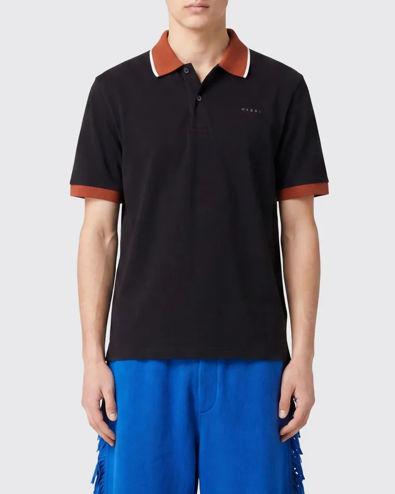 Marni Baumwoll-Poloshirt mit Kontrastpaspeln und gestreiftem Kragen Schwarz
