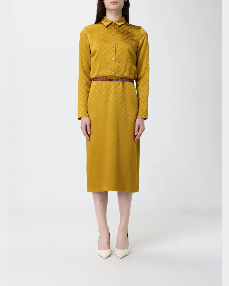 Gucci Midi-Hemdblusenkleid aus Seidenmischung mit GG-Motiv Beige