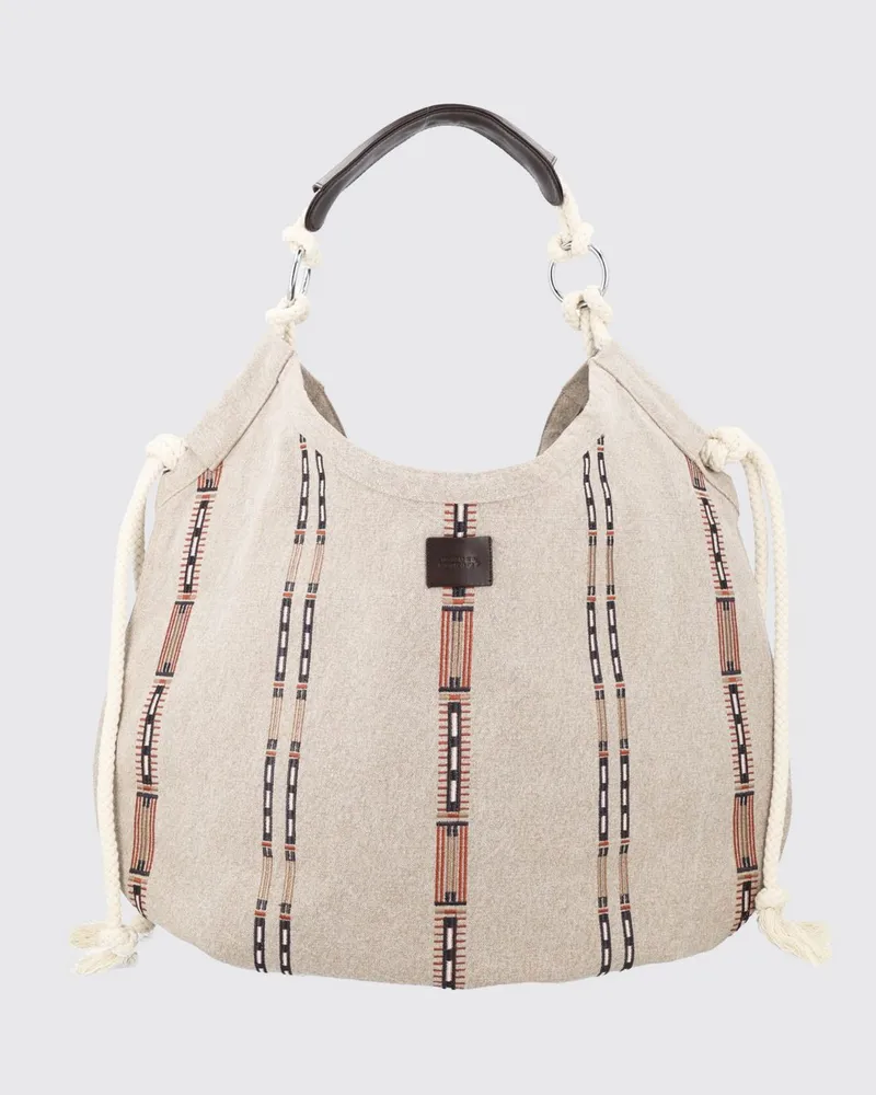 Isabel Marant Byron Tote-Bag aus Baumwolle mit Ethno-Stickerei und Ledergriffen Beige