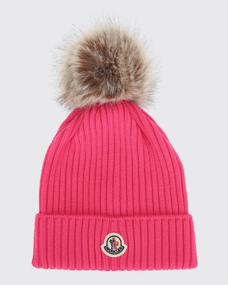 Moncler Rippstrick-Mütze für Jungen mit Bommel und Logo-Patch Fuchsia