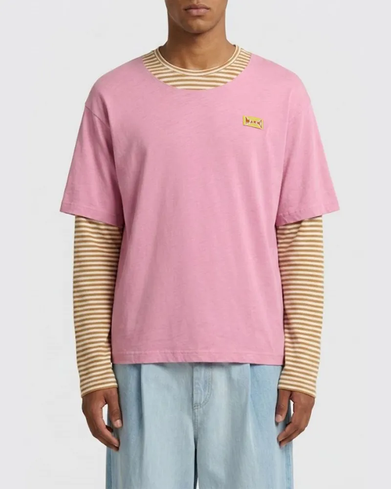 Marni Gestreiftes Baumwollmisch-T-Shirt Pink