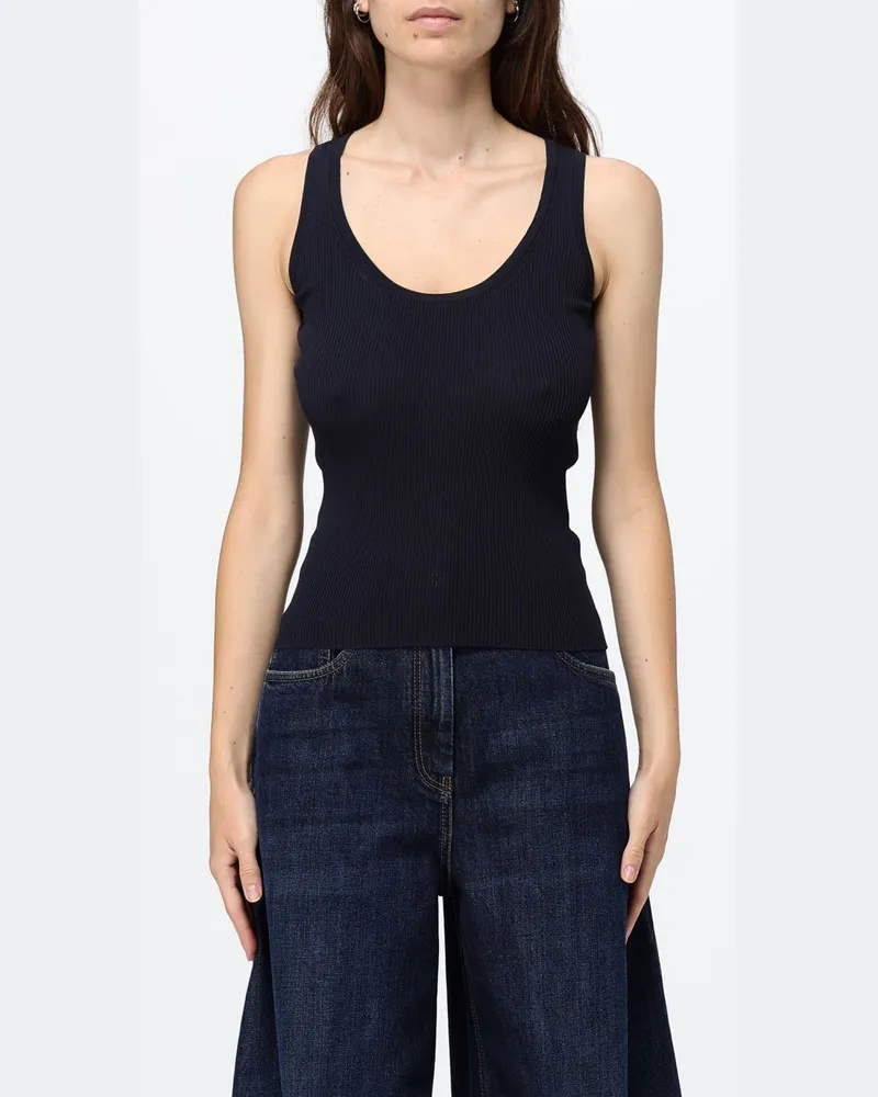 Max Mara Slim Fit Top aus gerippter Baumwolle mit U-Ausschnitt Navy