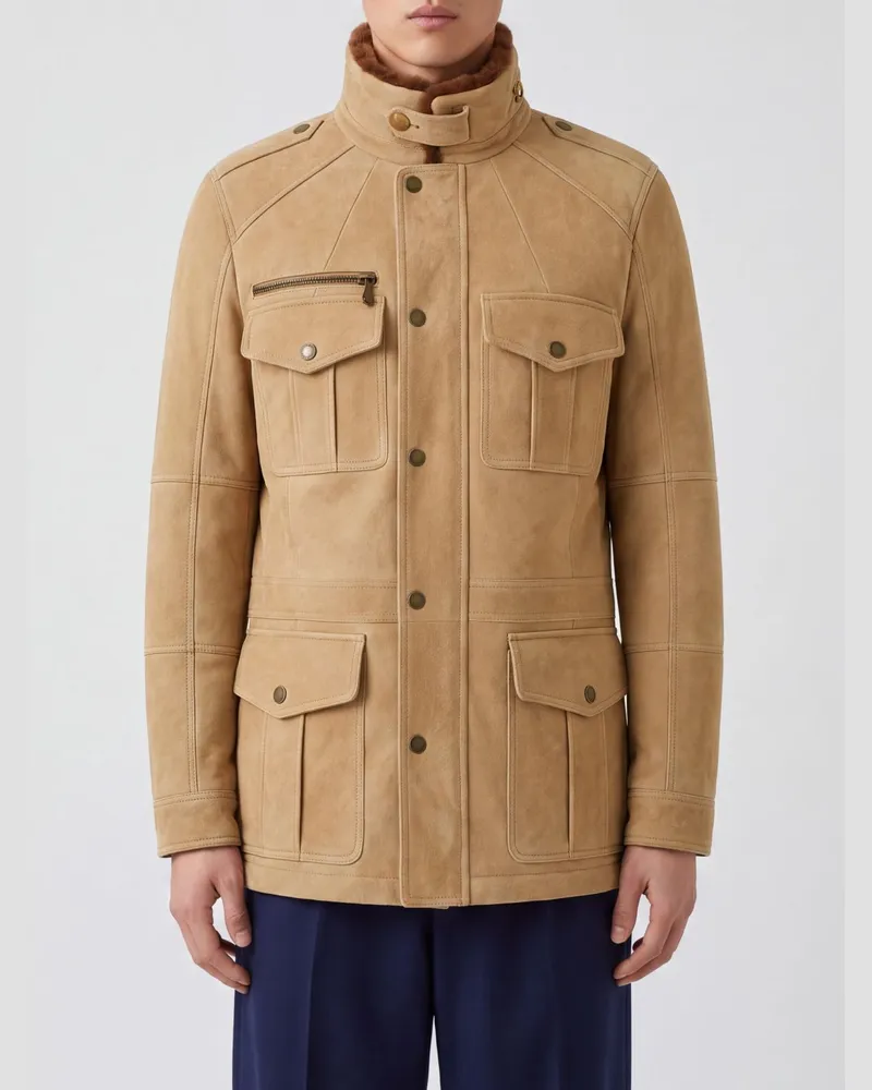 Brunello Cucinelli Shearling-Utility-Jacke mit Stehkragen und aufgesetzten Taschen Beige