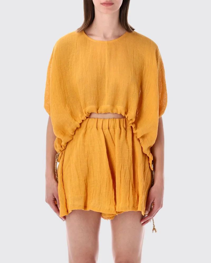 120% Lino Cropped-Top aus Leinen mit Rundhalsausschnitt und kurzen Ärmeln Orange