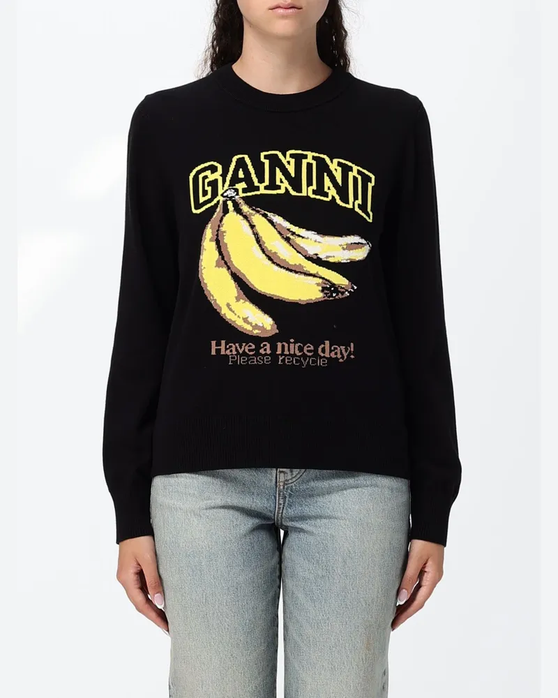 Ganni Rundhals-Sweatshirt aus Baumwolle mit Jacquard-Logo und Rippbündchen Schwarz