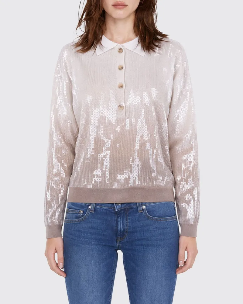 Liu Jo Zweifarbiges Strick-Poloshirt von mit langen Ärmeln und Pailletten Camel
