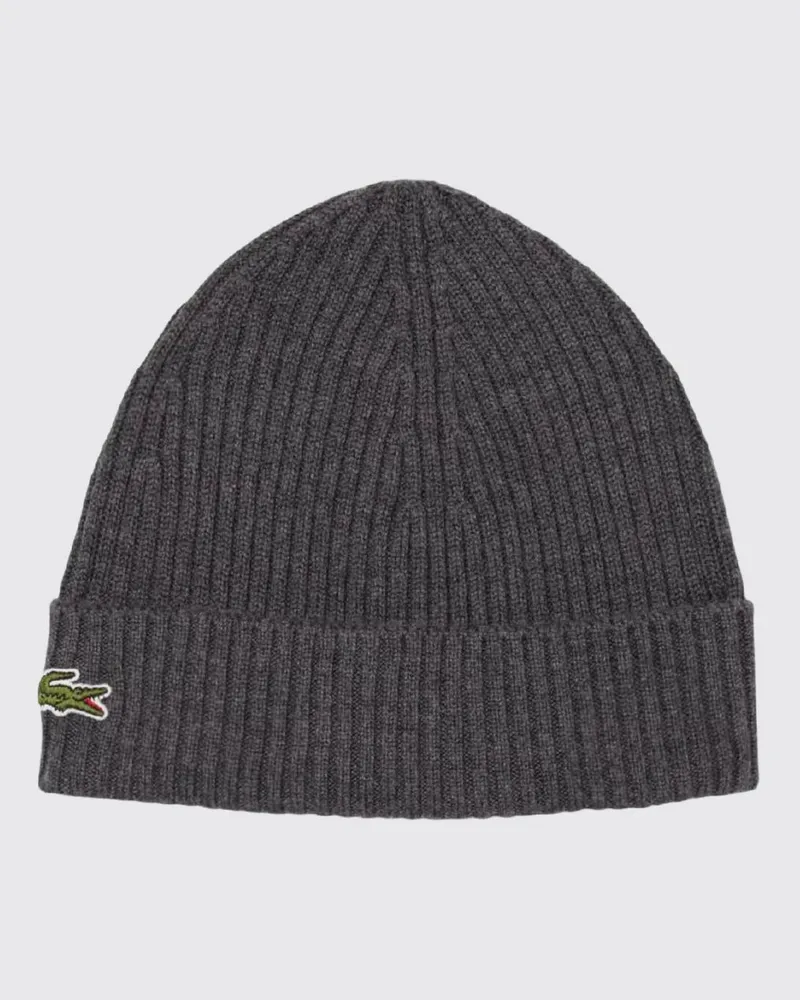 Lacoste Gerippte Beanie-Mütze aus reiner Wolle mit Umschlag und gesticktem Logo Grau
