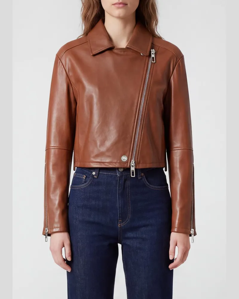 SPORTMAX Kurze Lederjacke mit Fransen und asymmetrischem Reißverschluss Braun