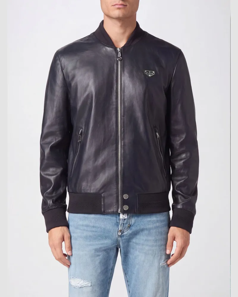 Philipp Plein Leder-Bomberjacke mit College-Kragen und Reißverschlusstaschen Blau