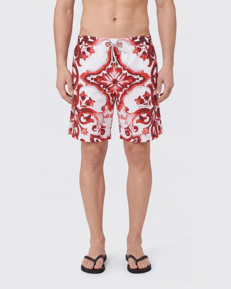 Dolce & Gabbana DOLCE  GABBANA Badeshorts aus Polyester mit Majolika-Print Dolce & Gabbana Weiß