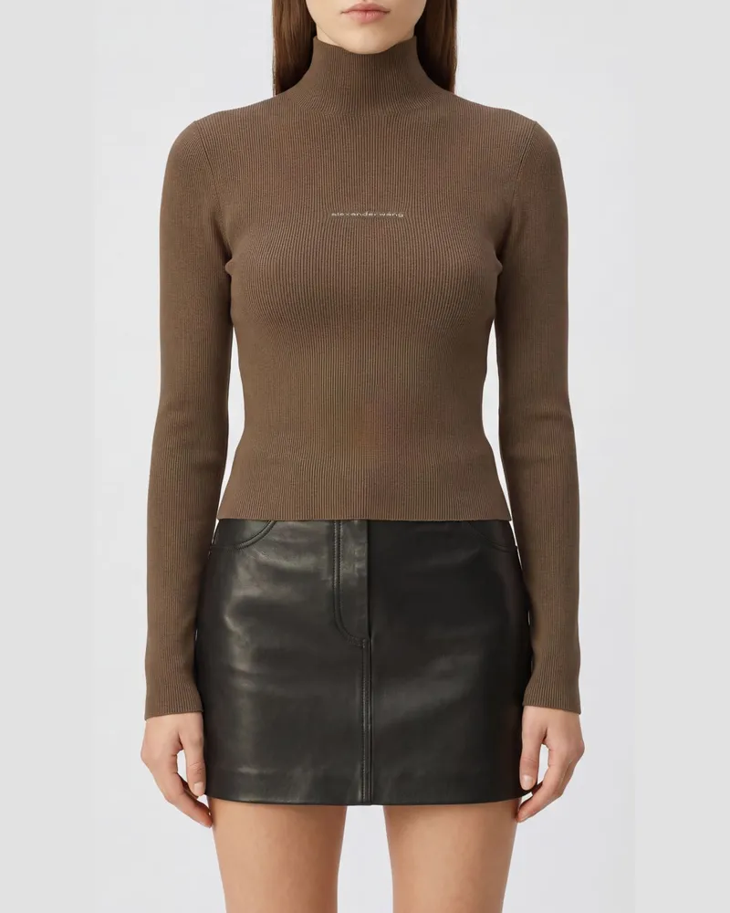 Alexander Wang Langärmliges Rollkragentop von aus geripptem Jersey mit Logo Beige