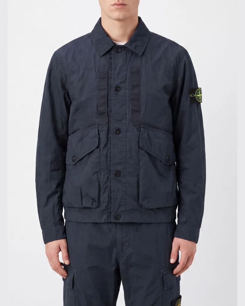 Stone Island Wasserabweisende Nylon-Hemdjacke mit Compass-Logo Blau
