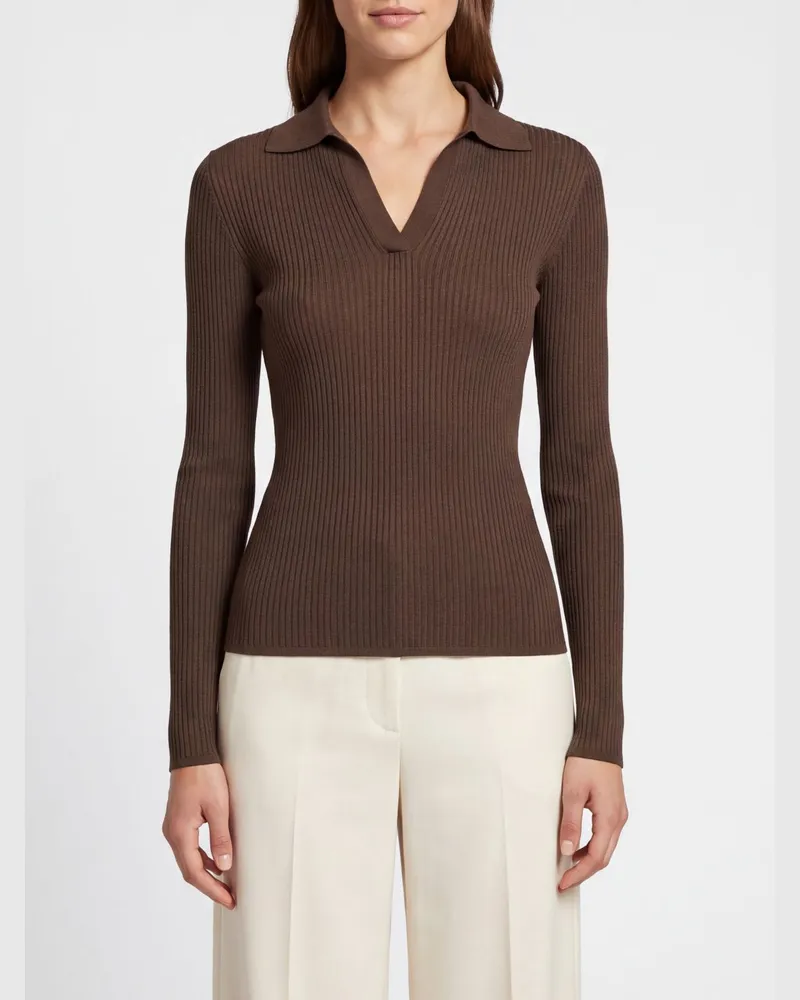 Max Mara geripptes Strickpolo aus Seide und Kaschmir mit V-Ausschnitt und Slim Fit Kaki