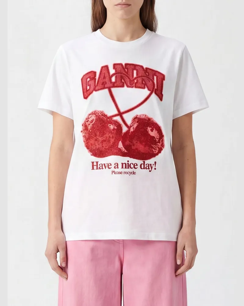 Ganni Baumwoll-T-Shirt mit Rundhalsausschnitt mit Kontrast-Logo-Druck Weiß