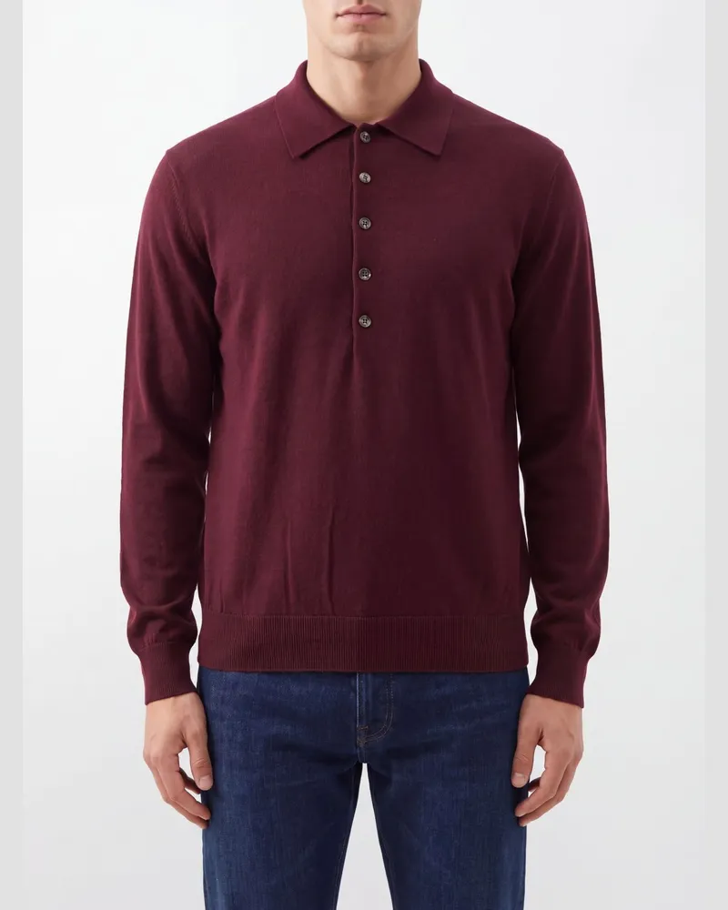 Dries van Noten Langärmeliges Strickpolo aus reiner Merinowolle Weinrot