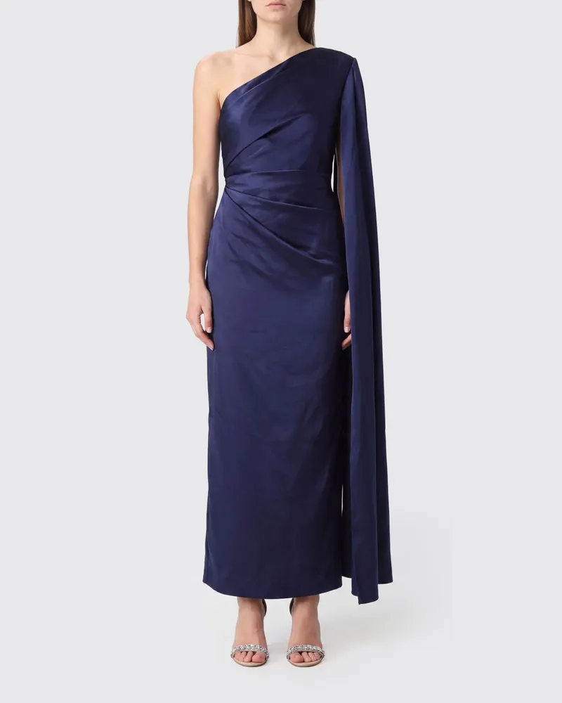 Solace London Langes One-Shoulder-Abendkleid aus Satin mit drapierter Taille von Blau