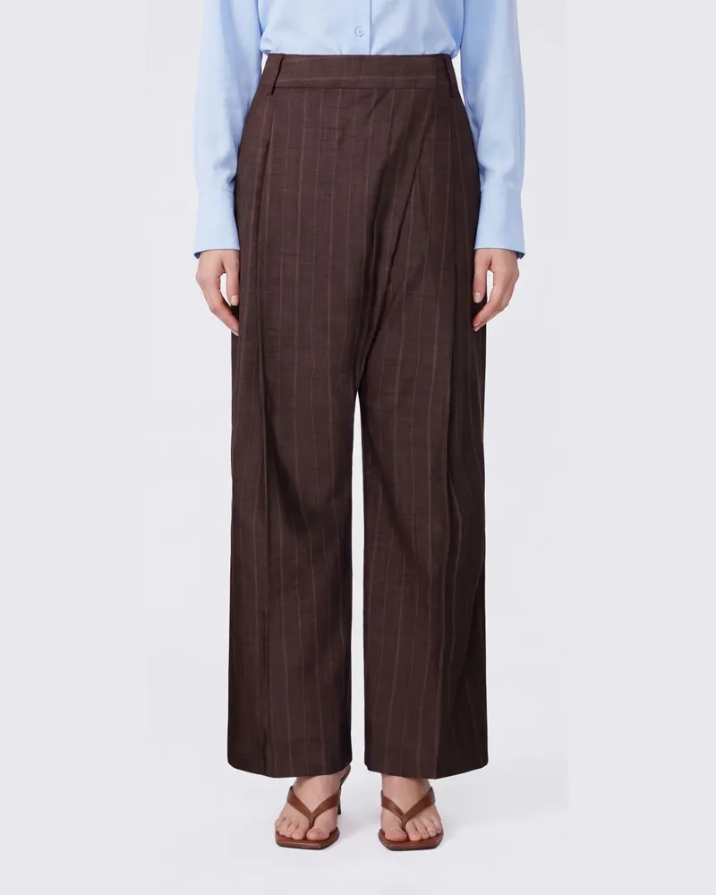 Ganni Gestreifte Wide-Leg-Wickelhose aus Wolle Braun