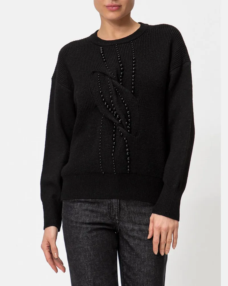 Twin-Set Pullover mit Rundhalsausschnitt von aus geripptem Wollmischstrick mit Perlen Schwarz
