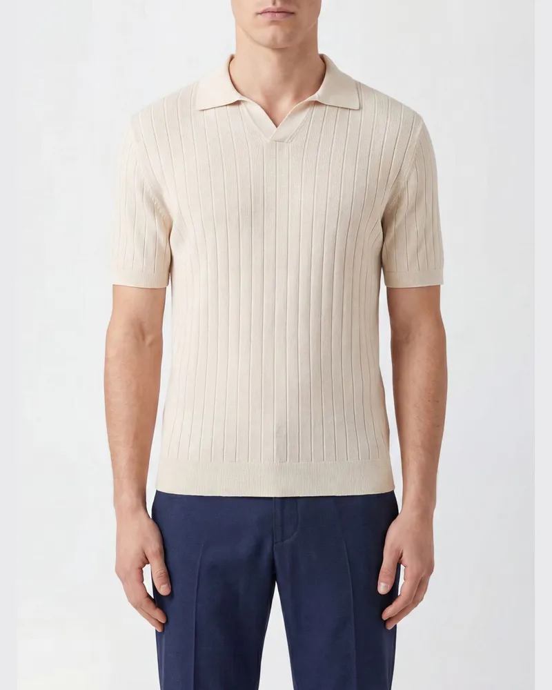 Fedeli Slim Fit V-Ausschnitt Strickpolo aus Bio-Baumwolle mit kurzen Ärmeln Ivory