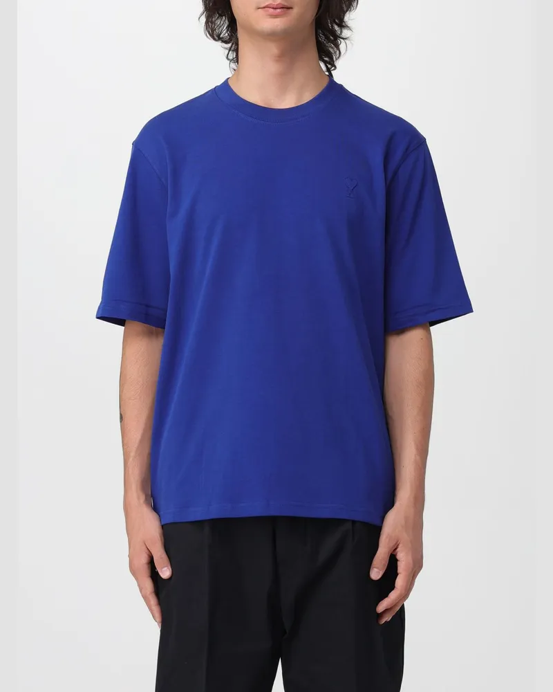 AMI Paris Baumwoll-T-Shirt mit Rundhalsausschnitt und Ton-in-Ton-Logo Blau