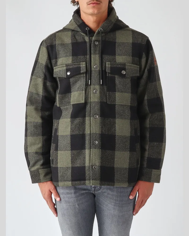 Colmar Kariertes Kapuzen-Overshirt aus Wollmischung mit aufgesetzten Taschen Waldgrün