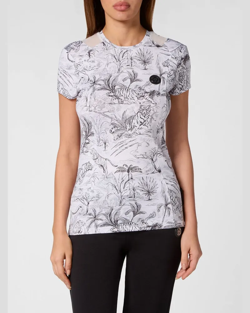 Philipp Plein Transparentes Jersey-T-Shirt mit Blumen- und Tropen-Print Weiß