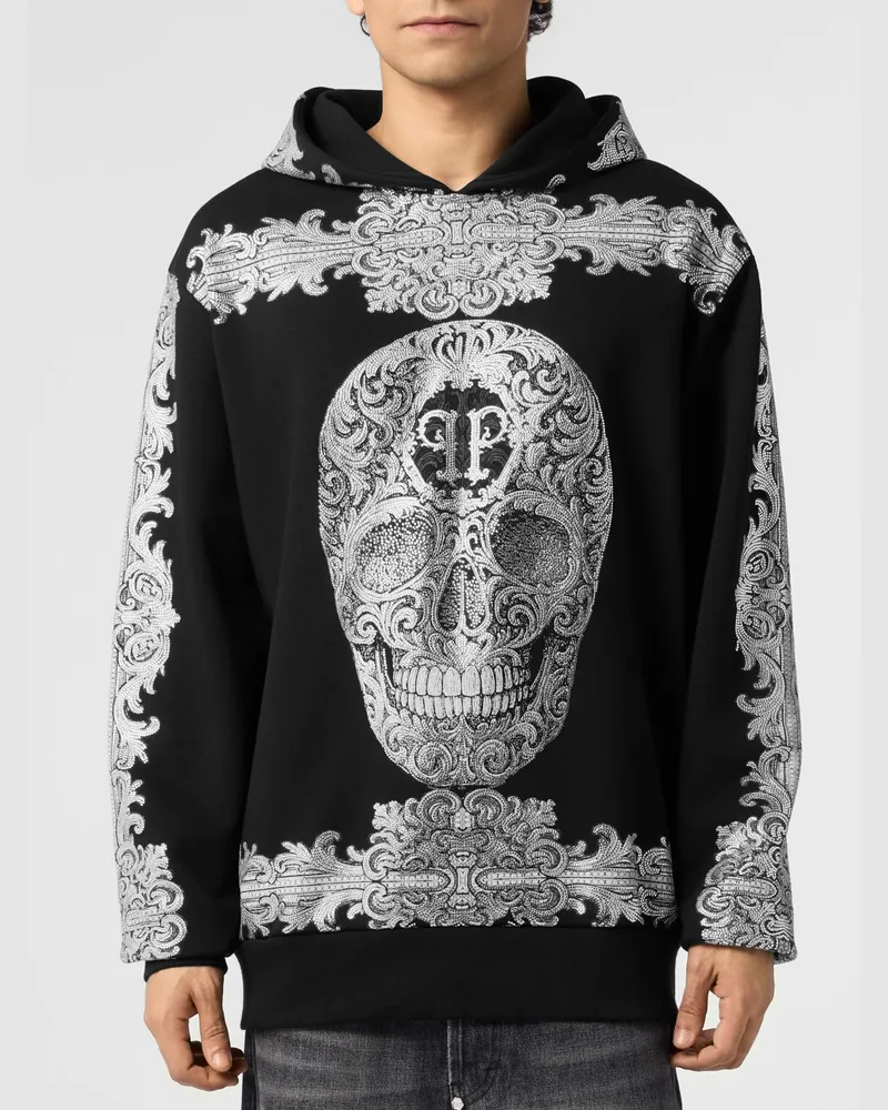 Philipp Plein Jersey-Hoodie mit barockem Totenkopf-Print und Strasssteinen Schwarz