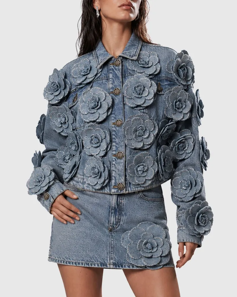 Philipp Plein Cropped Slim-Fit Jeansjacke von mit Blumenstickerei Denim