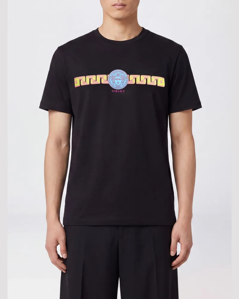 Versace Baumwoll-T-Shirt mit Medusa-Logo und Greca-Muster-Print Schwarz