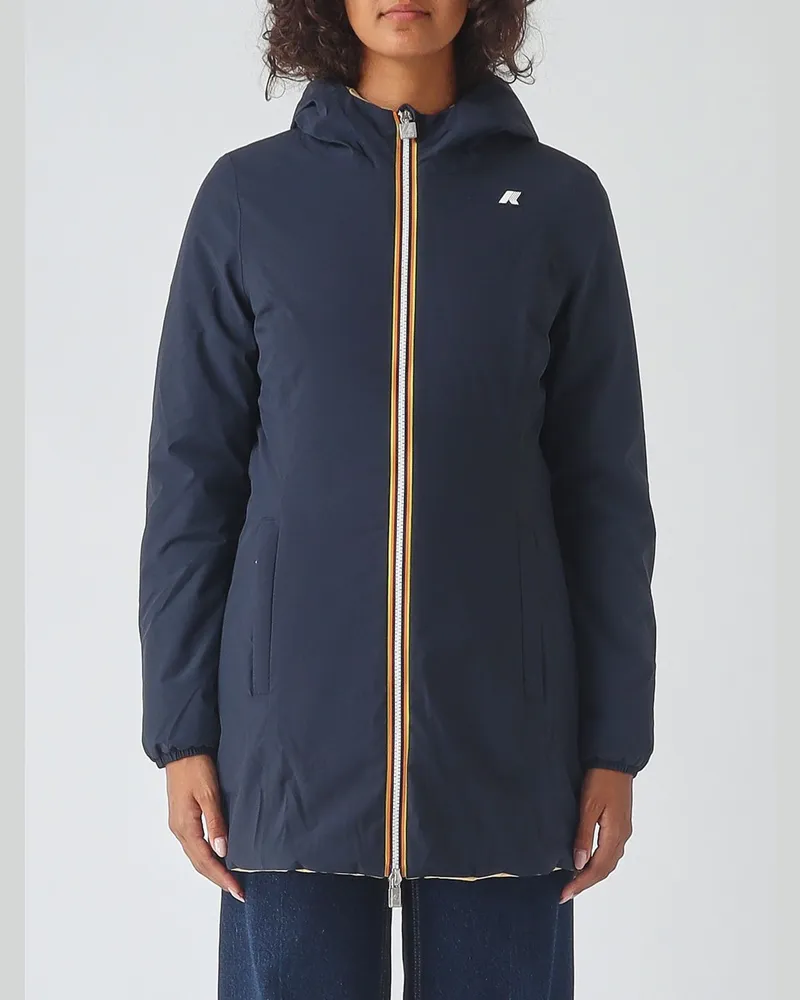 K-Way Denise Lange, wendbare und wasserdichte Windjacke mit Kapuze Blau