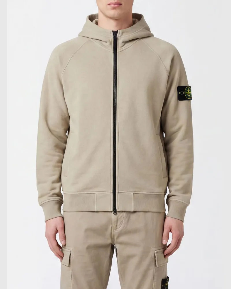 Stone Island Full-Zip-Hoodie aus Schurwollstrick mit Logo-Patch Sand