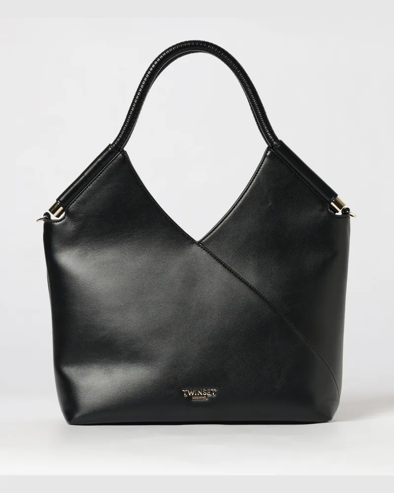 Twin-Set Schultertasche aus Kunstleder mit doppeltem Rohrgriff Schwarz