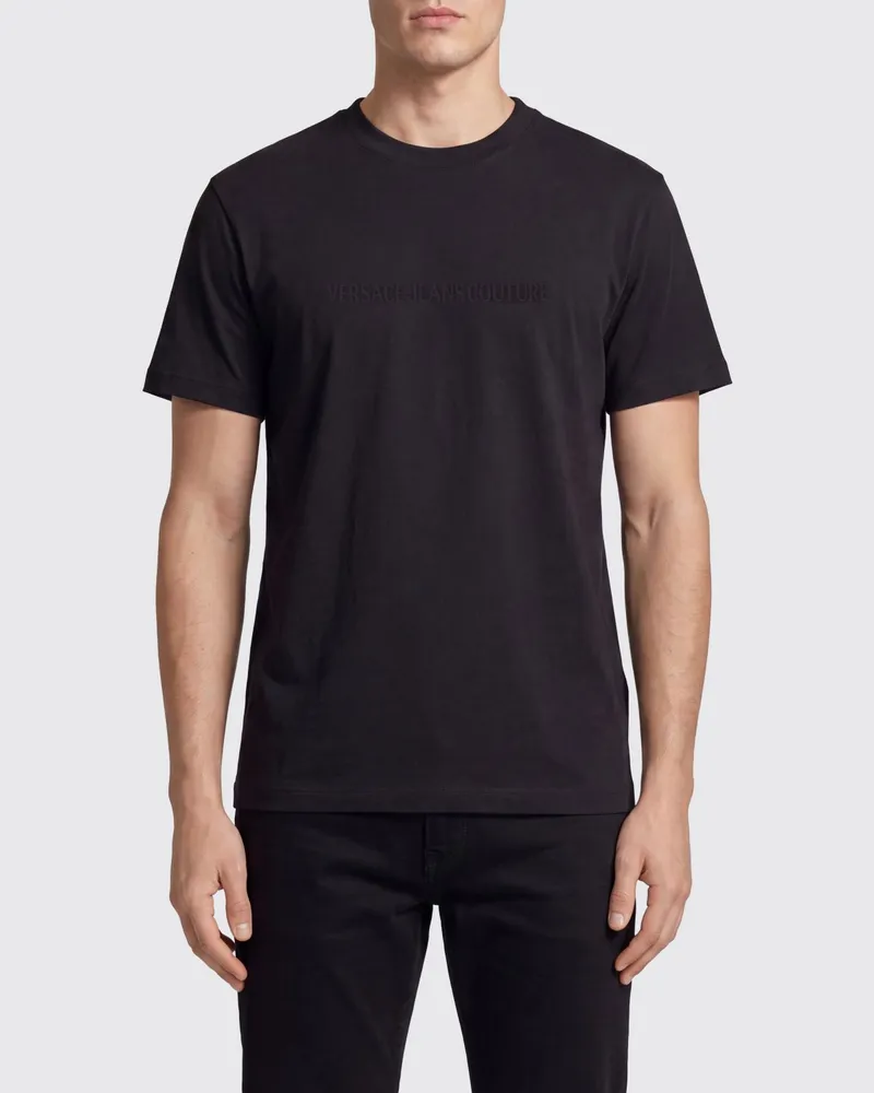 Versace Jeans Slim-Fit-T-Shirt aus Baumwolle mit Ton-in-Ton-Logo Schwarz