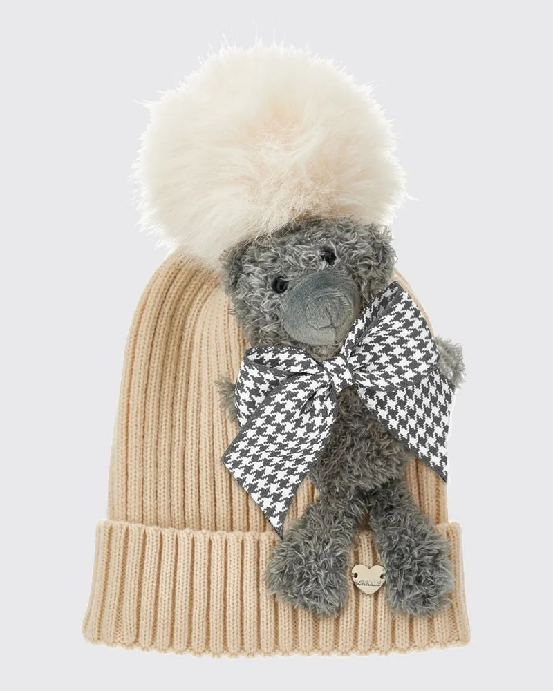 Monnalisa Mütze aus Wollmischung für Mädchen von mit Teddy-Bear-Print und Pompon Yellow