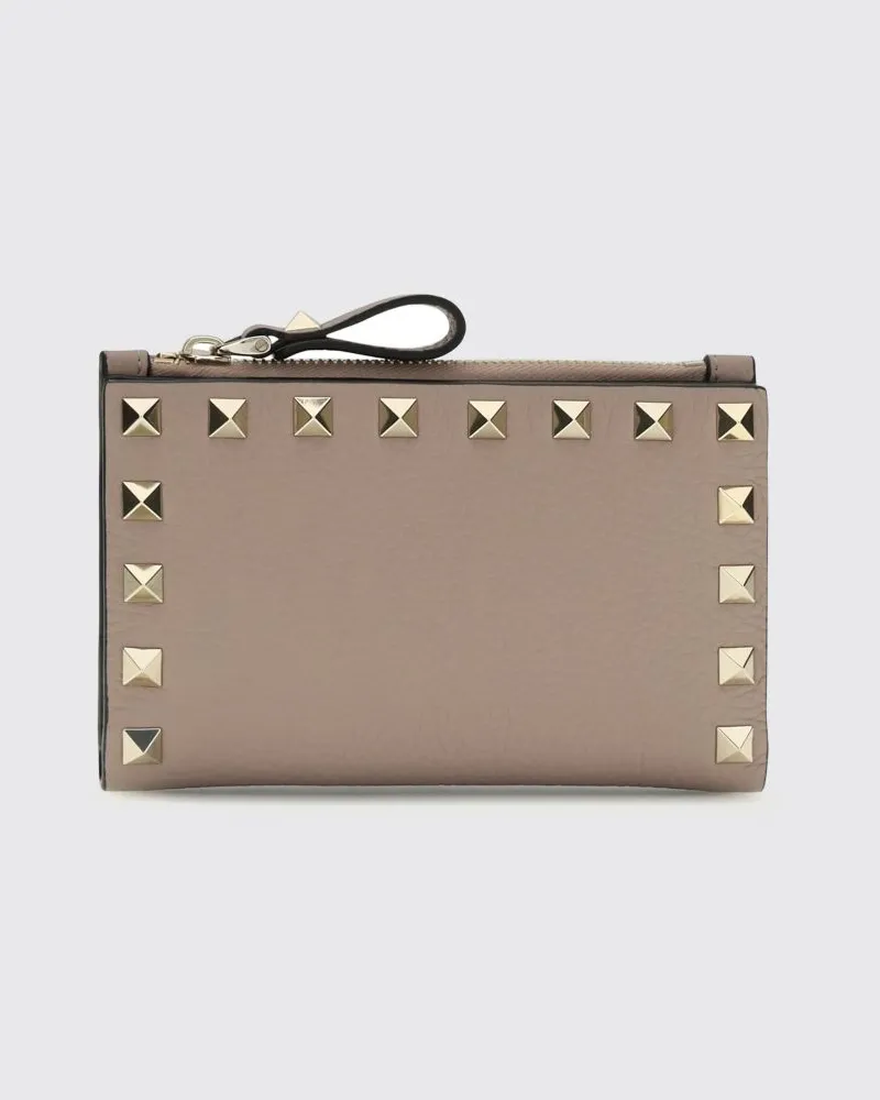Valentino Garavani Bifold-Portemonnaie Rockstud aus genarbtem Kalbsleder mit Nieten Puder