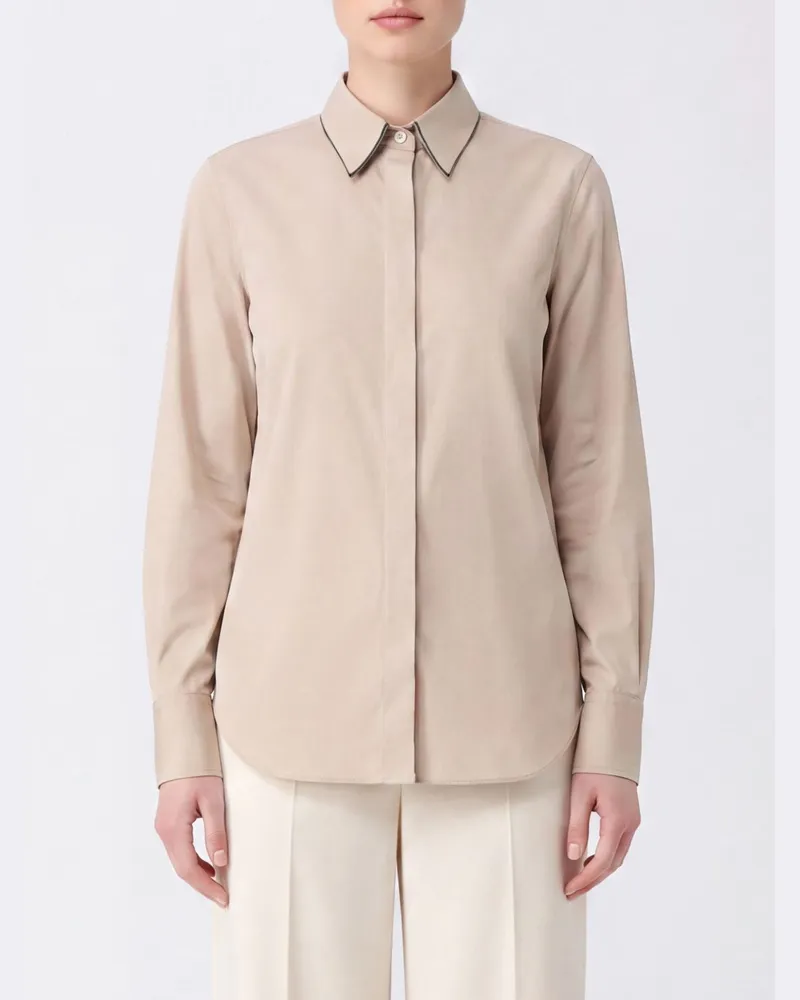 Brunello Cucinelli Baumwollbluse mit Schluppe und Monili-Detail Beige